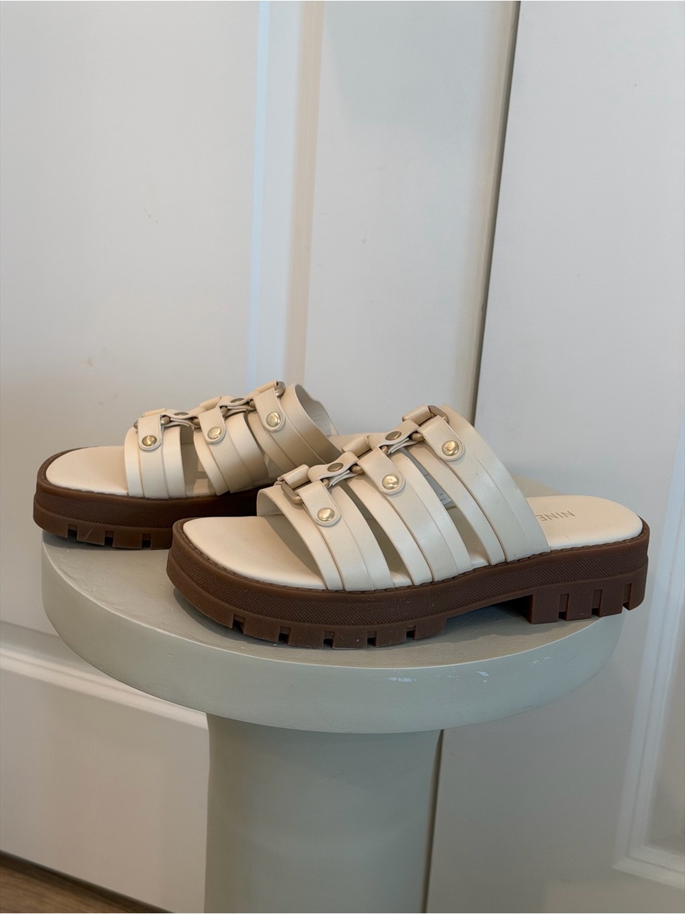 Nine West Cream Multi-Strap Lug Slide Sandals